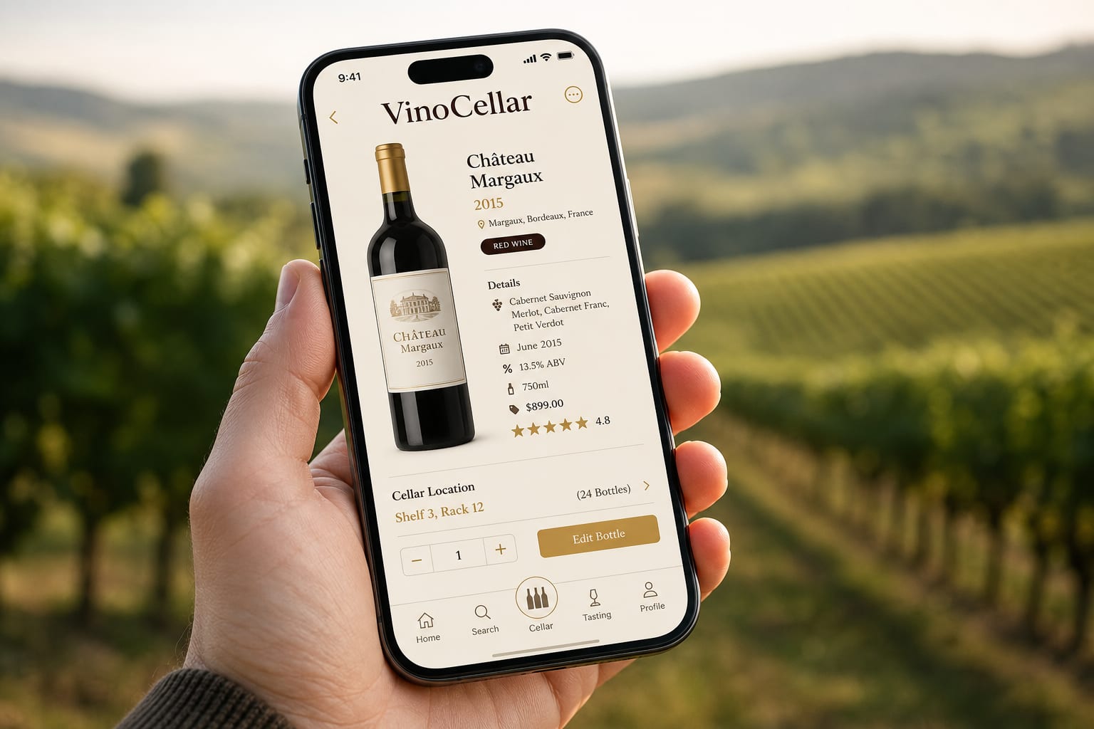 Dégustation de vin avec l'application VinoCellar sur smartphone