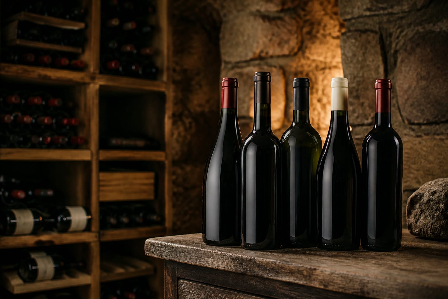 Bouteilles de vin rouge dans une cave sombre