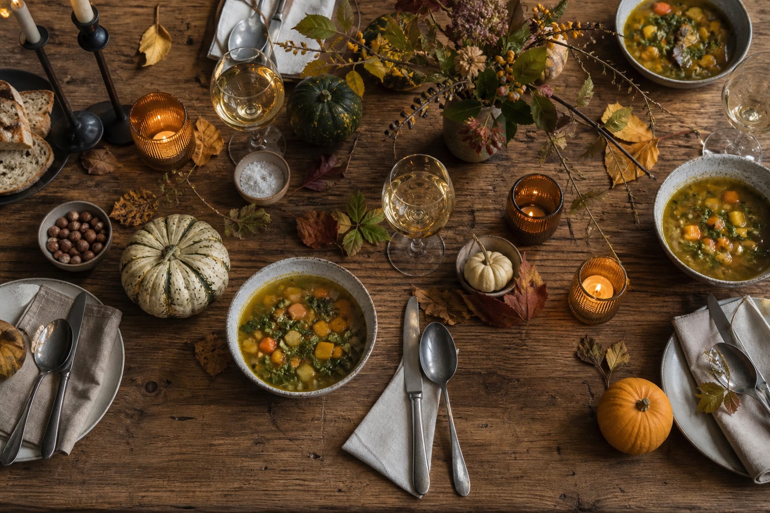 Vue d'ensemble d'une table dressée pour une dégustation d'automne