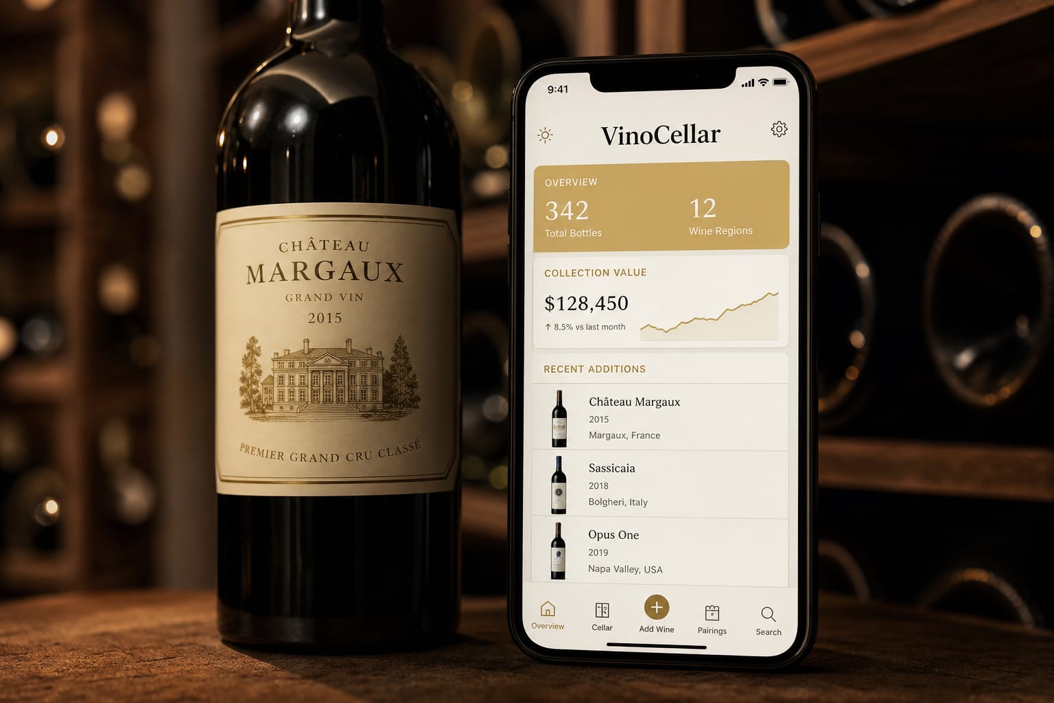 Gros plan sur une bouteille de vin et un téléphone mobile affichant des statistiques de cave.