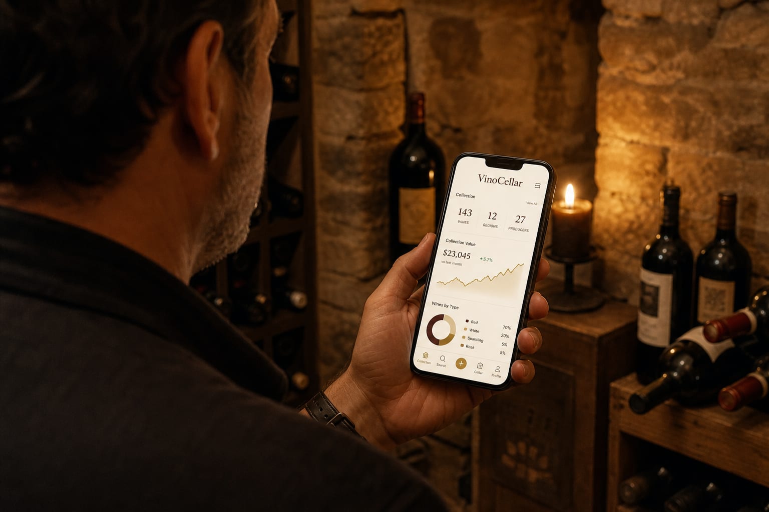 Un amateur de vin consultant ses statistiques de cave.
