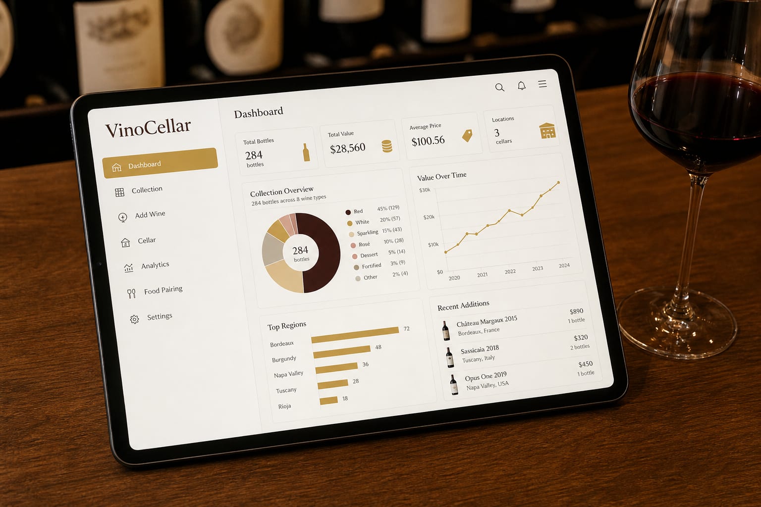 Tablette affichant les statistiques de la cave