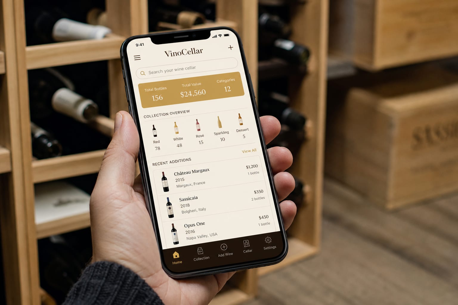 Utilisateur consultant l'application VinoCellar sur son smartphone dans une cave.