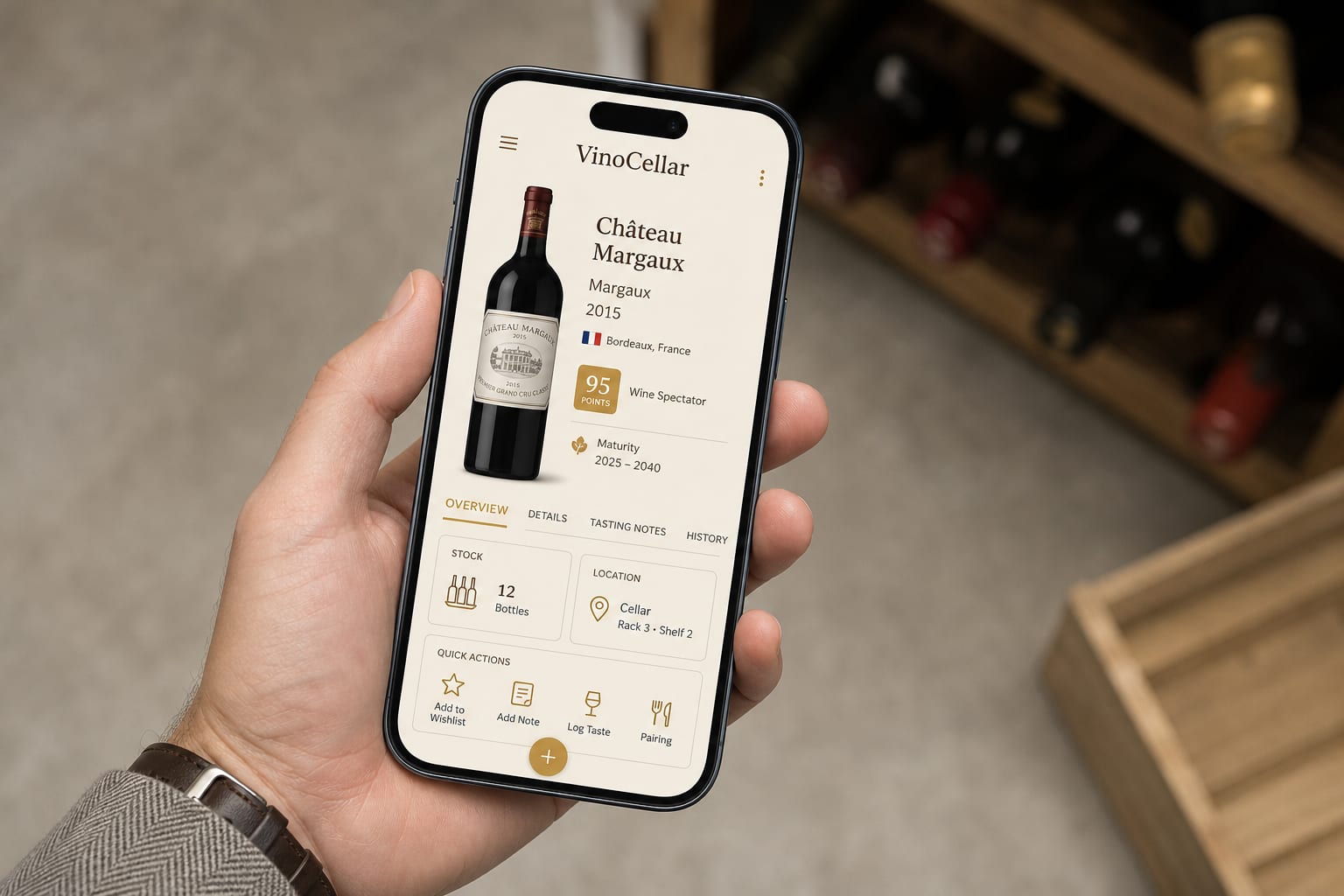 Détail de l'interface VinoCellar sur un écran de téléphone.