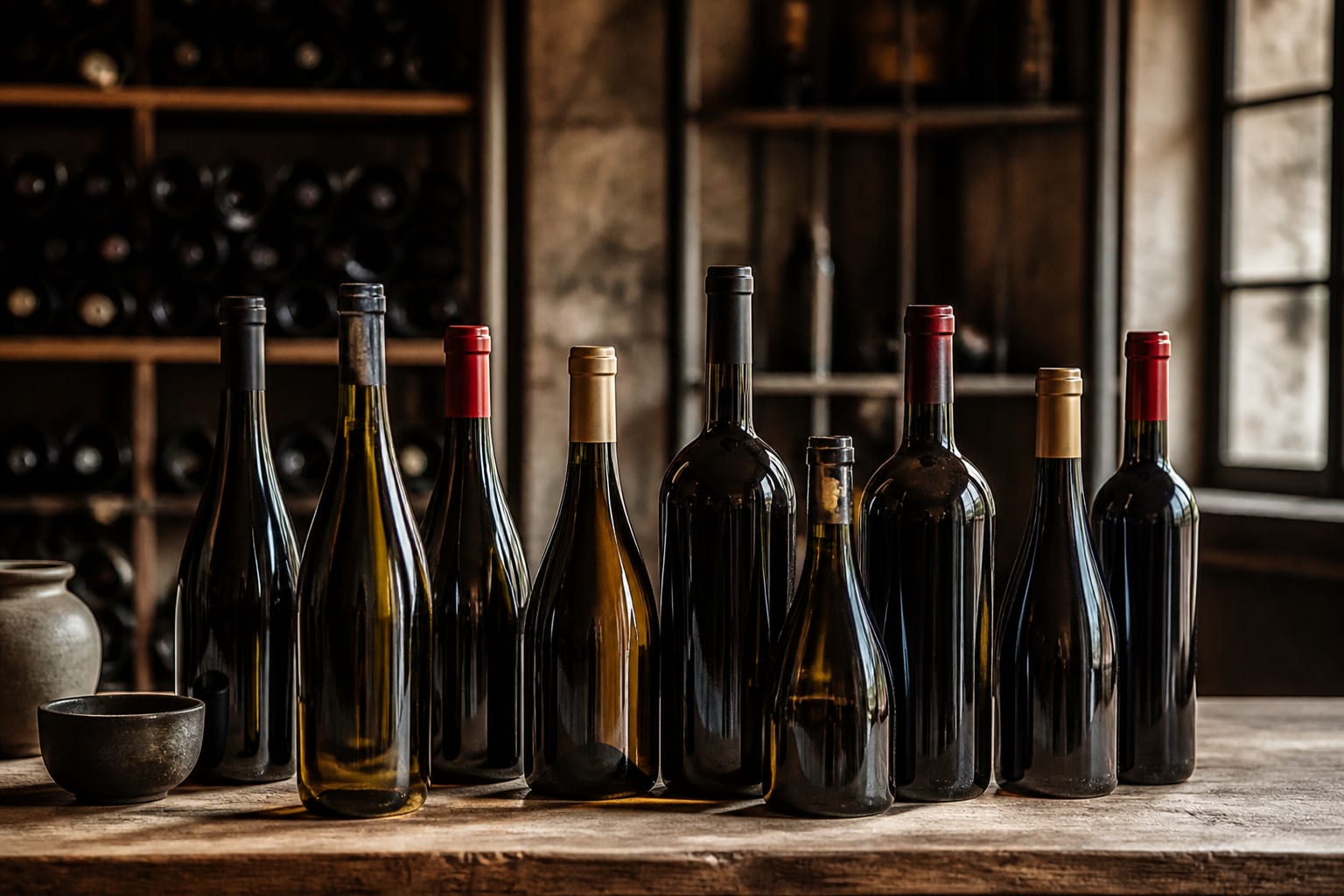 Une sélection de vins variés sur une table en bois.
