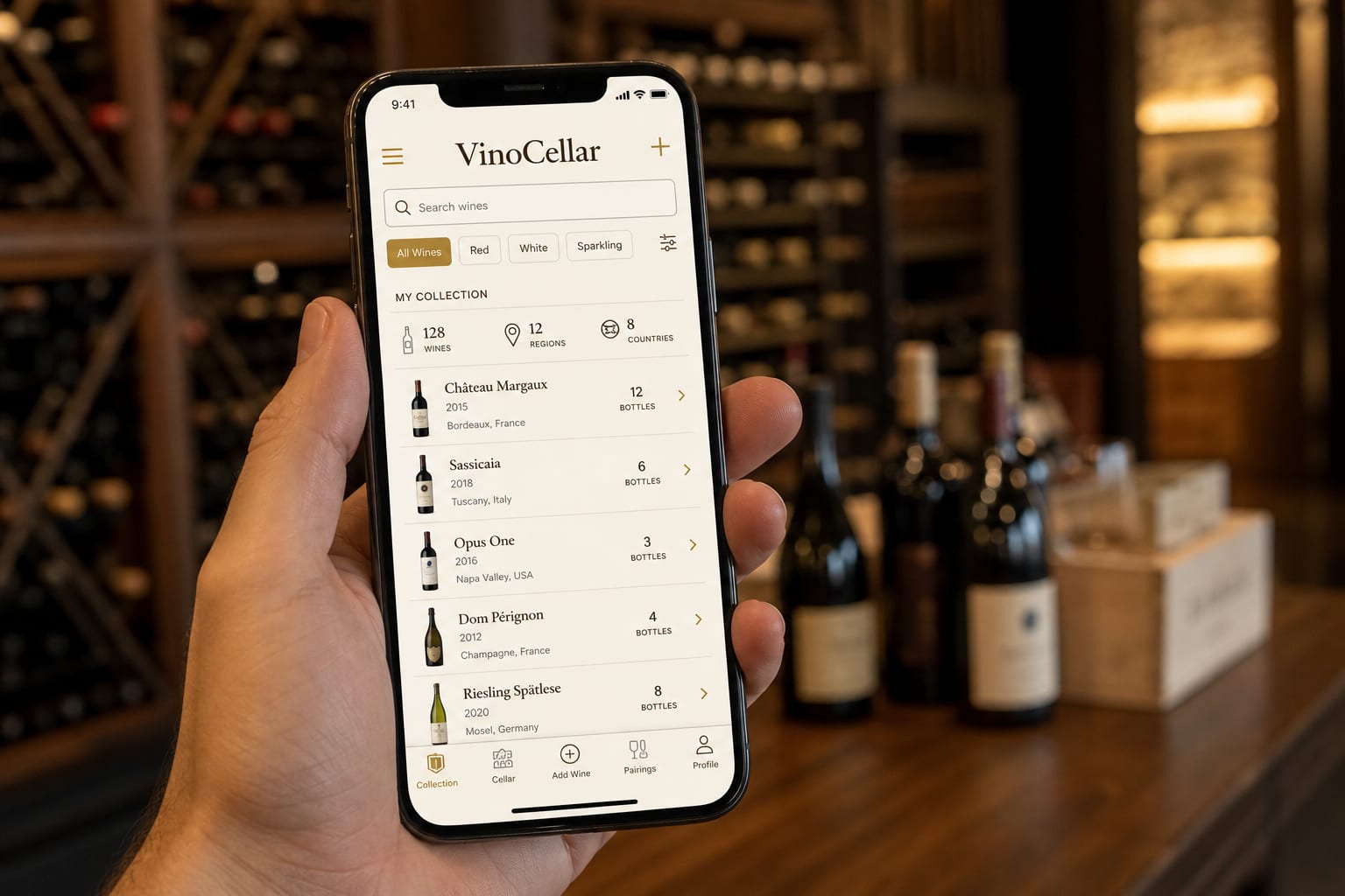 Interface de gestion de cave sur smartphone VinoCellar