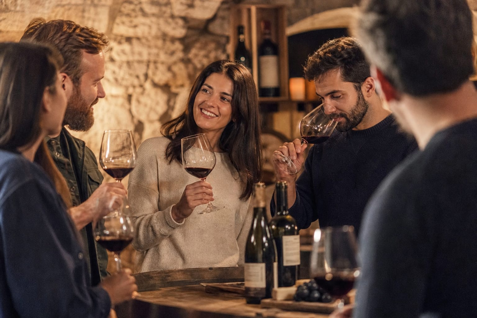 Amis discutant autour d'un verre de vin