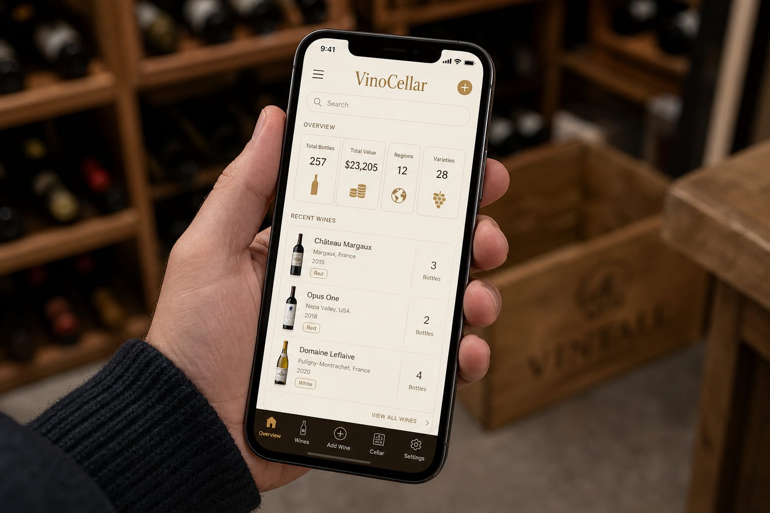 Une main tenant un smartphone affichant l'application VinoCellar