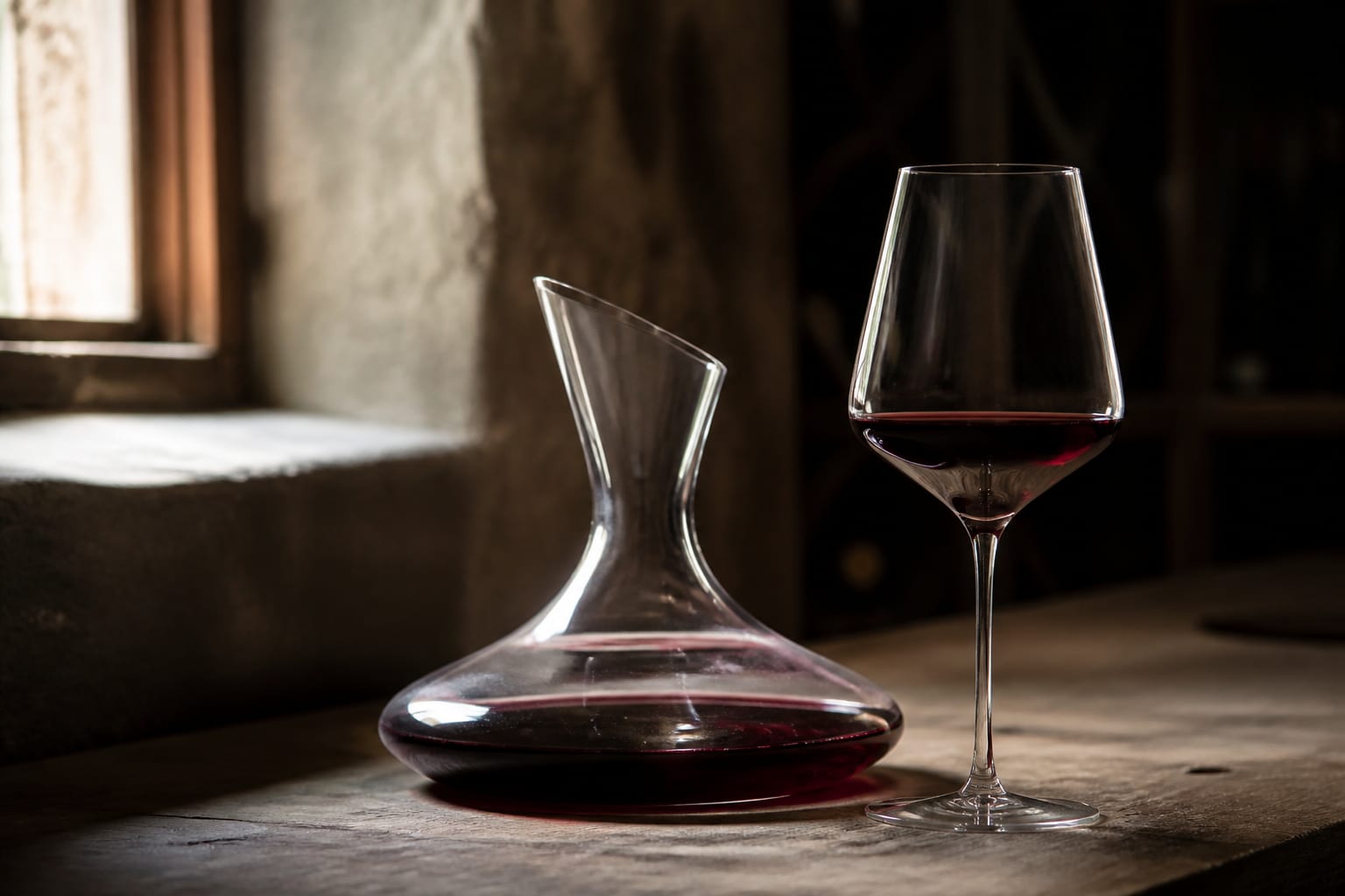 Carafe à vin posée à côté d'un verre de vin rouge