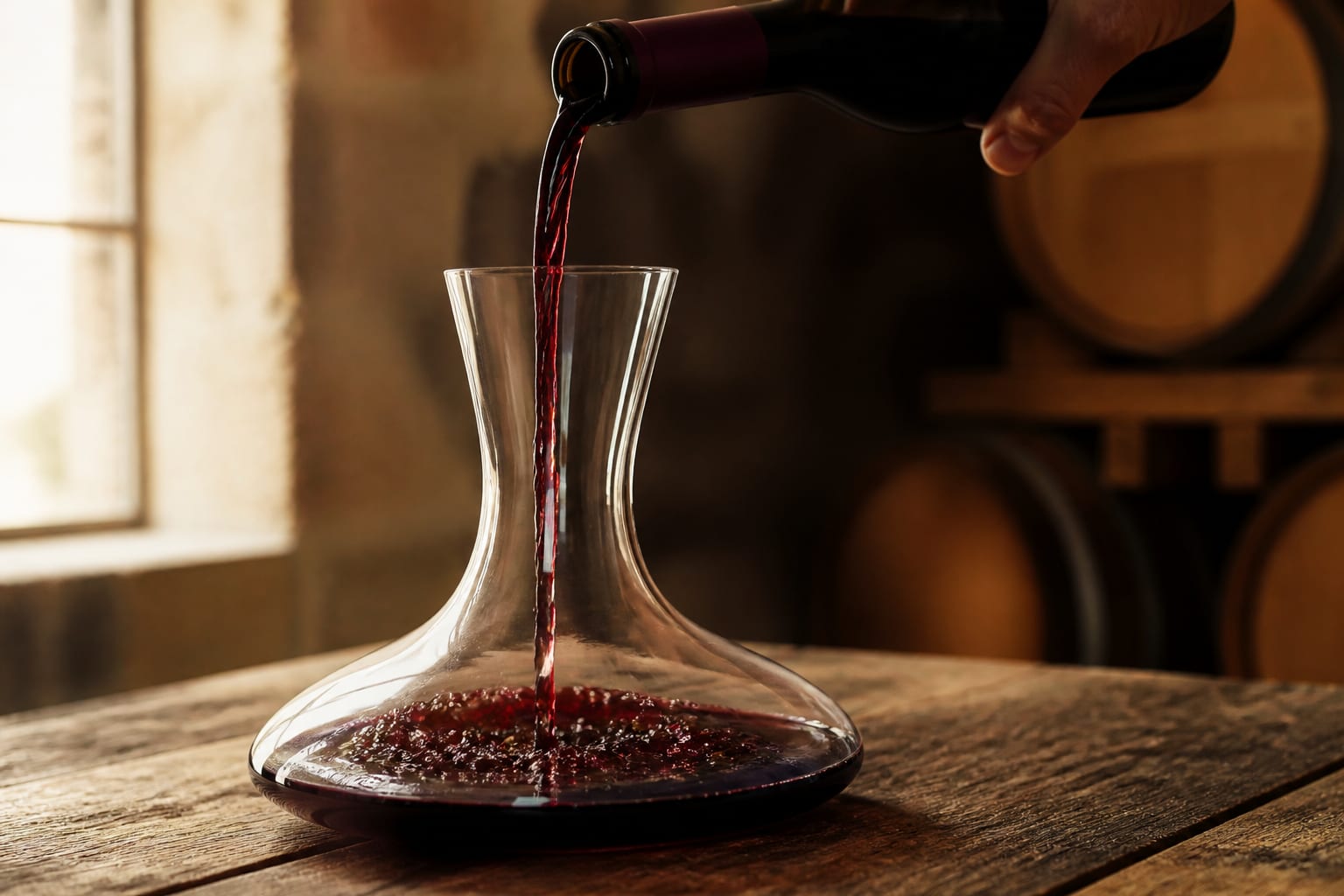 Vin rouge versé dans une carafe en verre sur une table en bois