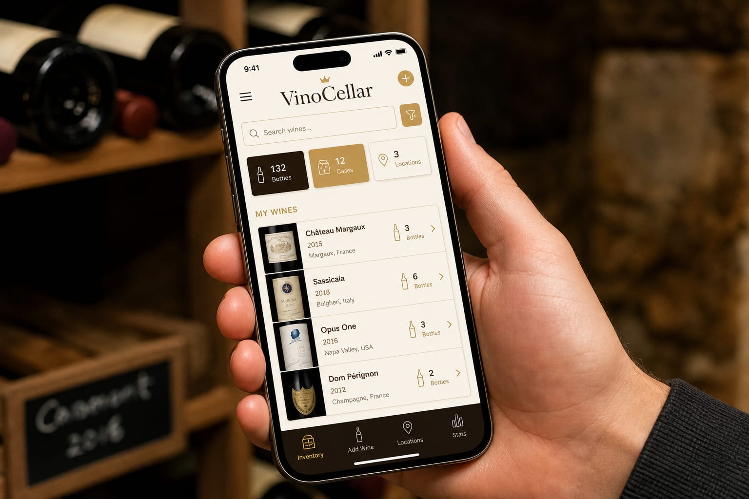 Utilisation de l'application VinoCellar sur un smartphone.