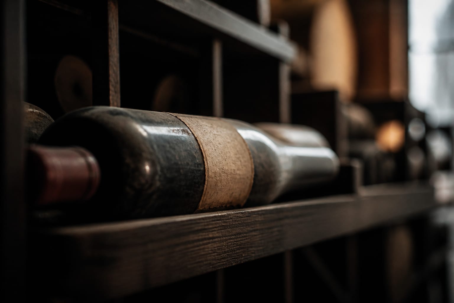 Bouteille de vin ancien dans une cave organisée.