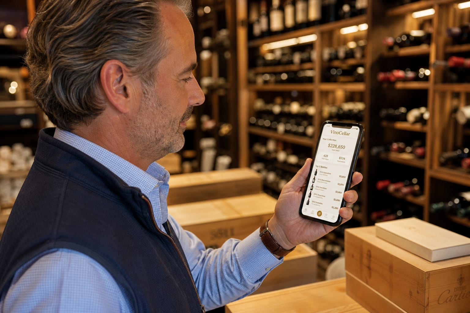 Un amateur de vin consultant son inventaire dans sa cave