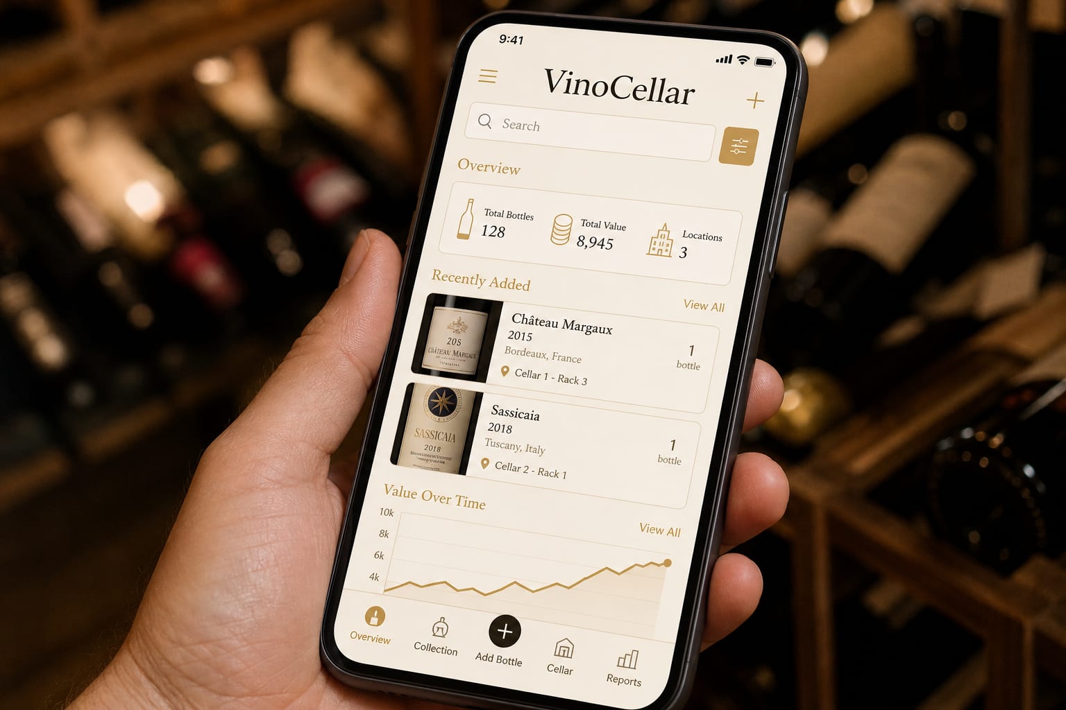 Interface de l'application VinoCellar sur un smartphone