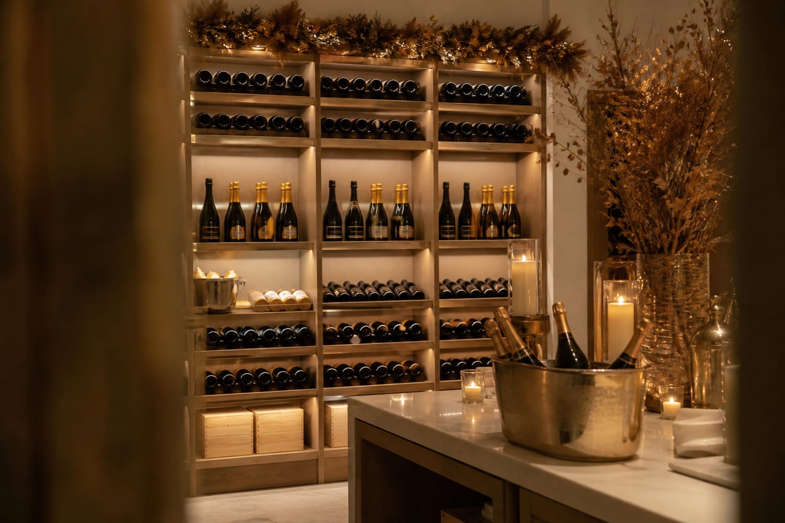 Cave à vin remplie avec soin pour les préparatifs des fêtes.