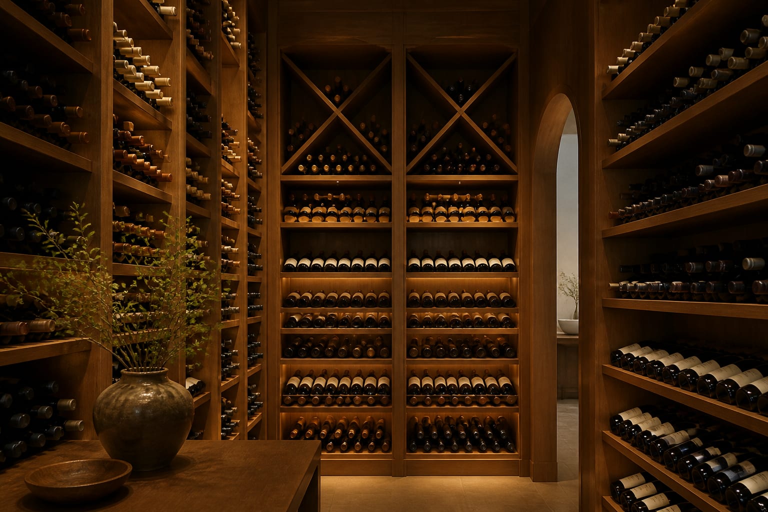 Rangement méthodique de bouteilles de vin